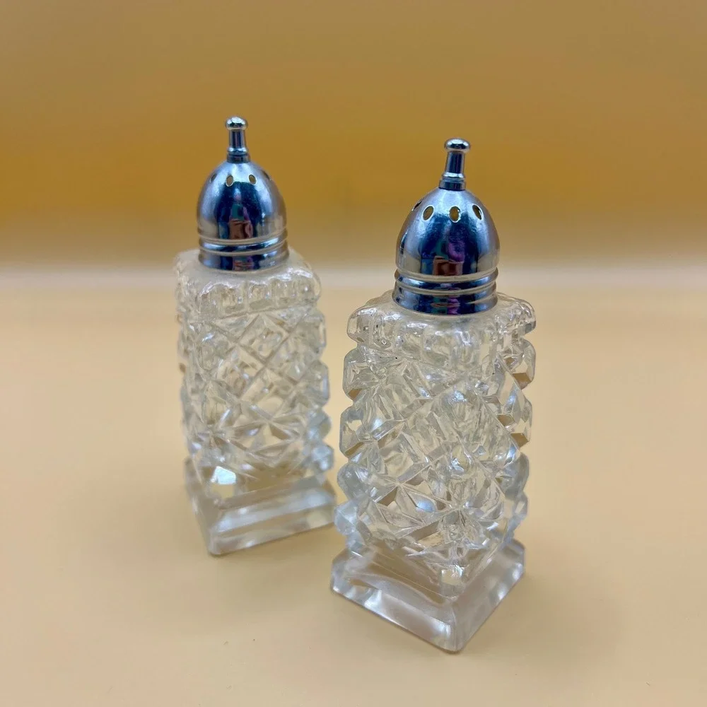 Vintage Diamond Cut Crystal Salt and Pepper Shakers Set Mid-Century Regency